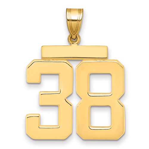 14k gold polished number 38 charm pendant, large size, designed by Solomon Jewelers, with a shiny and smooth finish.