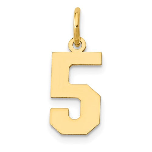 14k gold small polished number 5 charm, pendant from Solomon Jewelers, showcasing a shiny, rounded numeral design.