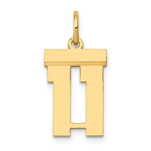 14k gold small polished number 11 charm, jewelry pendant from Solomon Jewelers with a smooth, shiny finish.