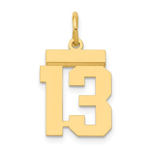 14k gold small polished number 13 charm, perfect for jewelry, featuring a shiny, rounded design from Solomon Jewelers.