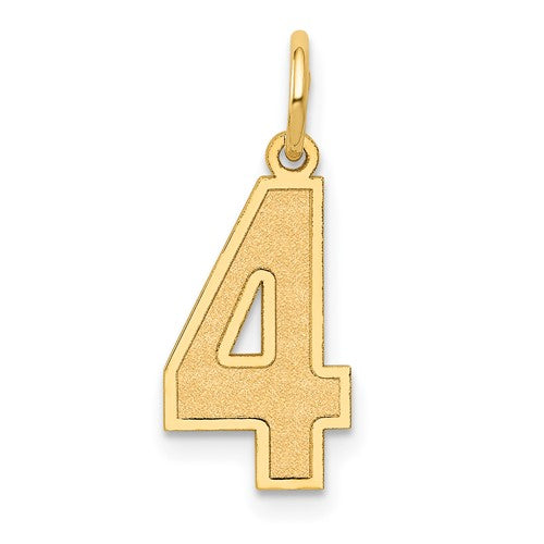 14k gold satin finish number 4 charm from Solomon Jewelers, a medium-sized pendant with a sleek, polished design.