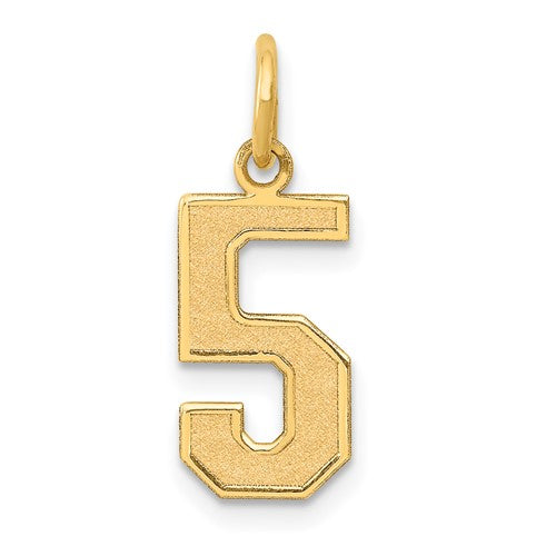 14k gold satin number 5 charm pendant from Solomon Jewelers, showcasing a polished gold numeral 5 design.