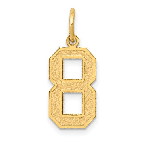14k gold satin number 8 charm pendant, medium size, from Solomon Jewelers, featuring a sleek, polished number 8 design.