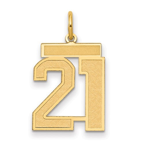 14k gold satin number 21 charm from Solomon Jewelers, designed as a stylish pendant for necklaces or bracelets.