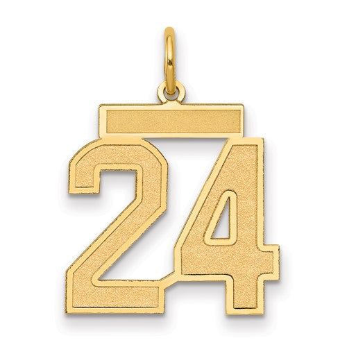 14k gold satin finish number 24 charm pendant from Solomon Jewelers, medium-sized with a sleek, polished look.