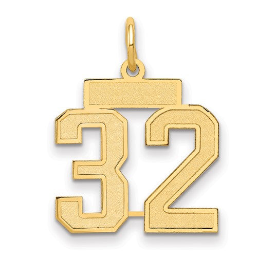 14k gold small satin number 32 charm pendant, elegant jewelry piece from Solomon Jewelers, showcasing a shiny gold charm with satin finish.