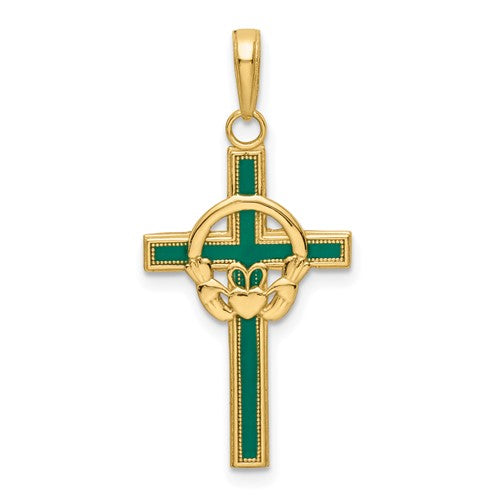 14k-green-enameled-claddagh-cross-pendant-SolomonJeweler-Wichita-KS-CustomJewelry