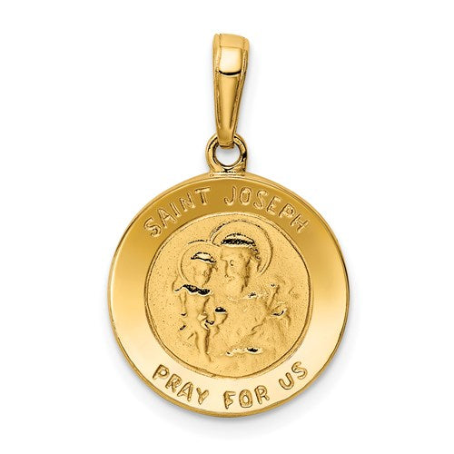 14k gold Saint Joseph medal charm, detailed religious pendant from Solomon Jewelers, showcasing intricate design and craftsmanship.