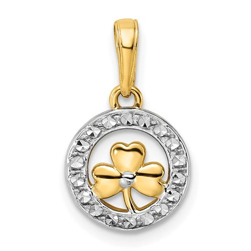 14k-and-white-rhodium-diamond-cut-clover-in-circle-pendant-SolomonJeweler-Wichita-KS-CustomJewelry