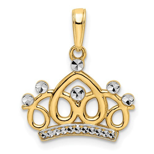 14k gold and white rhodium diamond-cut crown pendant with intricate detailing, designed for elegant gold jewelry charms.