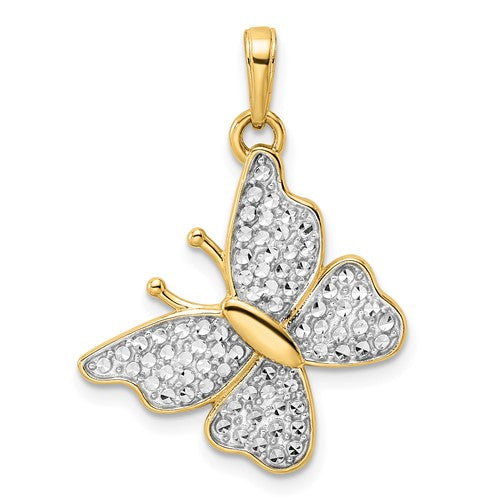 14k gold and white rhodium diamond-cut butterfly pendant with intricate detailing, perfect for elegant jewelry collection.