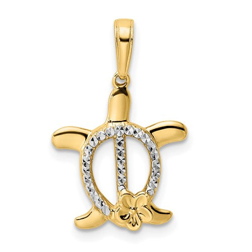 14k-and-white-rhodium-diamond-cut-turtle-w-flower-pendant-SolomonJeweler-Wichita-KS-CustomJewelry
