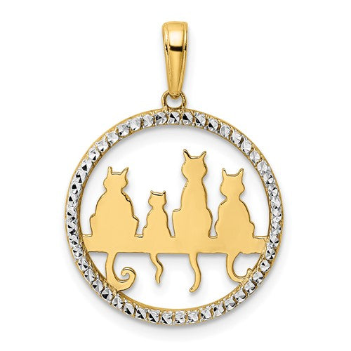 14k-and-white-rhodium-diamond-cut-cats-sitting-on-bench-pendant-SolomonJeweler-Wichita-KS-CustomJewelry