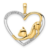 14k gold pendant with white rhodium diamond-cut cat stretching in a heart shape, from Solomon Jewelers.