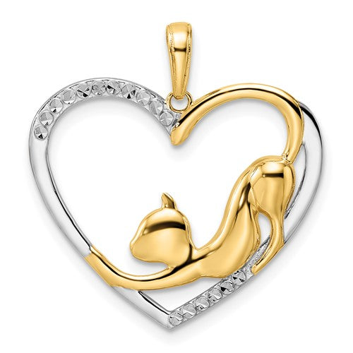 14k gold pendant with white rhodium diamond-cut cat stretching in a heart shape, from Solomon Jewelers.