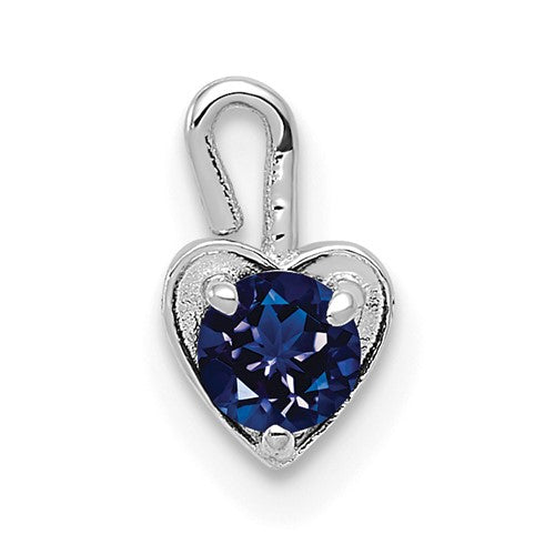 14k white gold September synthetic birthstone heart charm pendant, elegant jewelry piece with a sparkling gemstone.