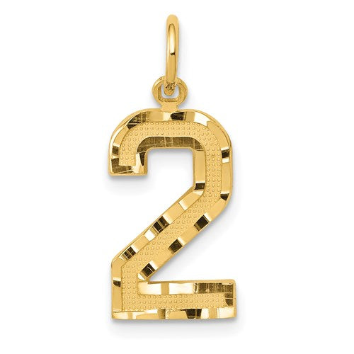 14k gold medium diamond-cut number 2 charm pendant with detailed craftsmanship, suitable for necklaces and jewelry designs.
