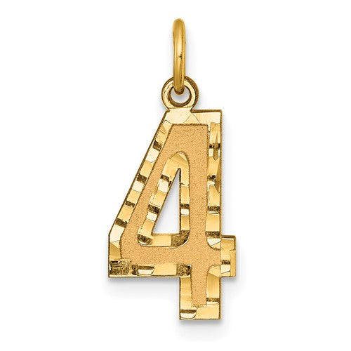 14k gold number 4 charm with diamond-cut design, jewelry pendant from Solomon Jewelers, showcasing intricate craftsmanship and shine.