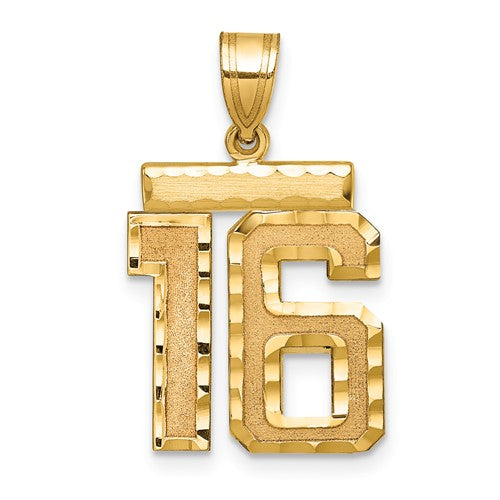 14k gold number 16 charm with diamond-cut detailing, ideal as a pendant or charm for jewelry from Solomon Jewelers.