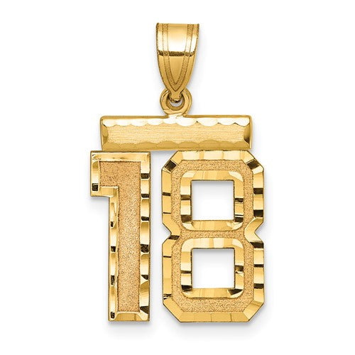 14k gold medium diamond-cut number 18 charm pendant showing a shiny, engraved number 18 design on a gold charm.