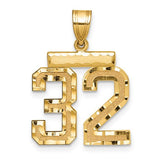 14k gold Medium Diamond-cut Number 32 charm pendant with engraved numerals, perfect for jewelry and personalized accessories.