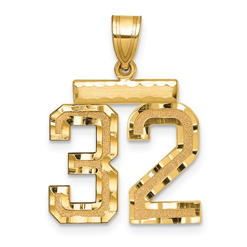 14k gold Medium Diamond-cut Number 32 charm pendant with engraved numerals, perfect for jewelry and personalized accessories.