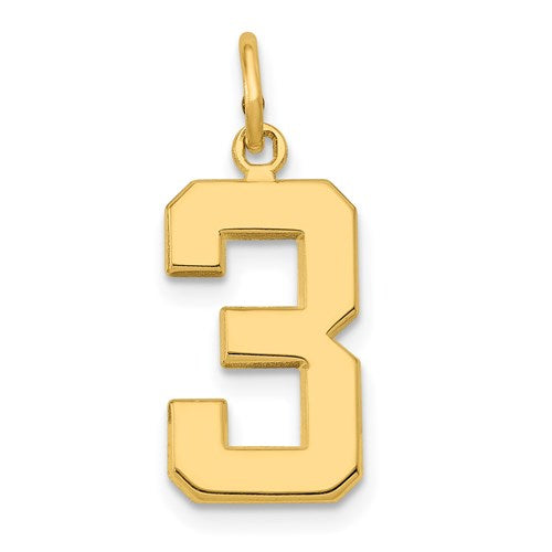 14k gold medium polished number 3 charm, shiny pendant from Solomon Jewelers, showcasing smooth, reflective finish and detailed craftsmanship.