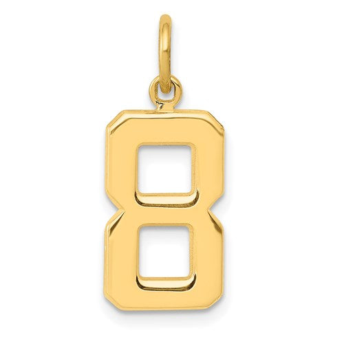 14k gold polished number 8 charm, medium size, pendant jewelry featuring a shiny gold finish and detailed number design.
