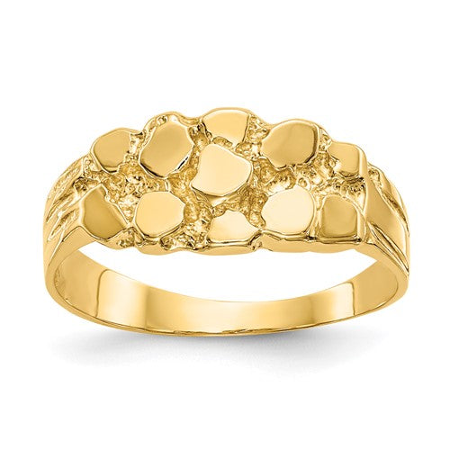 14k gold nugget ring from Solomon Jewelers, showcasing a textured gold nugget design on a sleek jewelry ring.