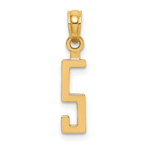 14k gold polished number 5 pendant with a smooth finish, designed for jewelry charms and necklaces.