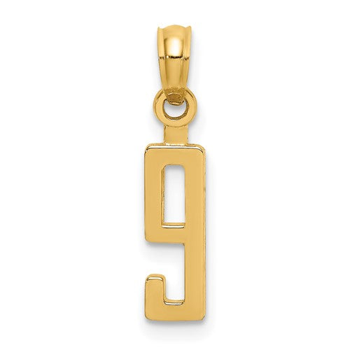 14k gold polished number 9 pendant from Solomon Jewelers, featuring a shiny, smooth number 9 charm on a chain.