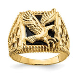 14k gold men's onyx eagle ring with detailed eagle design, jewelry ring from Solomon Jewelers.