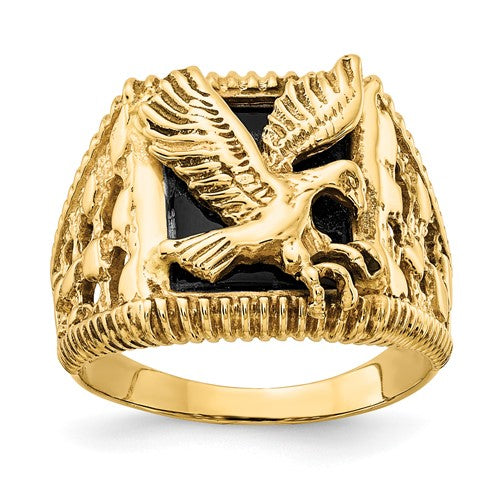 14k gold men's onyx eagle ring with detailed eagle design, jewelry ring from Solomon Jewelers.