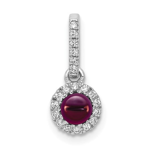 14k white gold pendant with a .47 carat rhodolite garnet cabochon and diamond accents, from Solomon Jewelers.