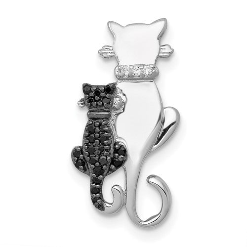 14k white gold cats pendant with black and white accent diamonds, detailed chain slide charm for jewelry necklaces.