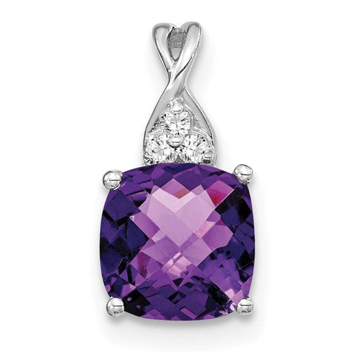 14K white gold checkerboard amethyst and diamond pendant featuring a luxurious design, crafted by Solomon Jewelers.