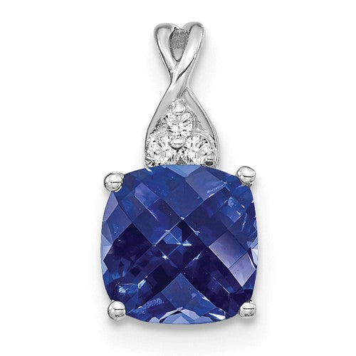 14k-white-gold-checkerboard-created-sapphire-and-diamond-pendant-SolomonJeweler-Wichita-KS-CustomJewelry