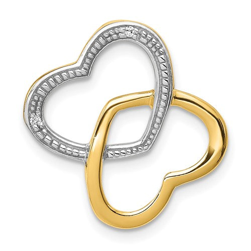 14k gold double entwined heart chain slide with .01ct diamonds, displayed on a jewelry stand, showcasing elegant pendant detail.