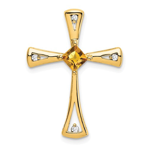 14k gold citrine and diamond cross pendant on chain, jewelry charm with yellow gemstone and sparkling accents.