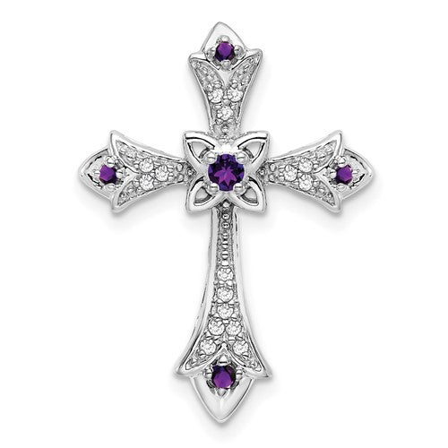 14k-white-gold-amethyst-and-diamond-fleur-de-lis-cross-chain-slide-SolomonJeweler-Wichita-KS-CustomJewelry