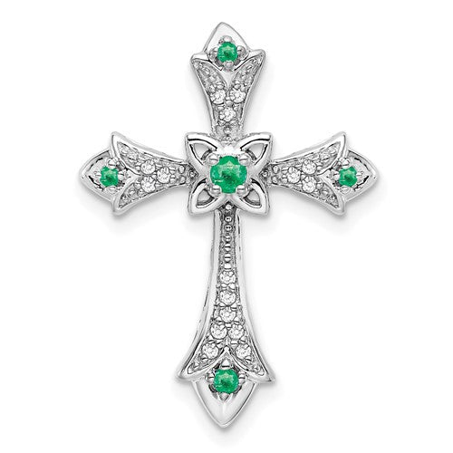 14k-white-gold-emerald-and-diamond-fleur-de-lis-cross-chain-slide-SolomonJeweler-Wichita-KS-CustomJewelry