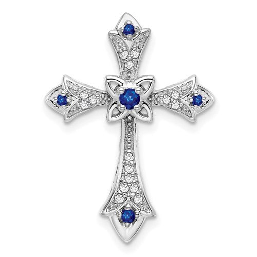 14k-white-gold-sapphire-and-diamond-fleur-de-lis-cross-chain-slide-SolomonJeweler-Wichita-KS-CustomJewelry