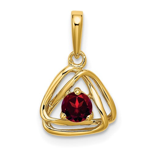 14k gold garnet triangle pendant from Solomon Jewelers, showcasing a vibrant red gemstone on a sleek gold chain.