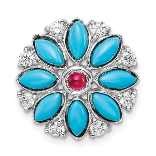 14k-white-gold-turquoise-creat-ruby-white-topaz-floral-chain-slide-SolomonJeweler-Wichita-KS-CustomJewelry