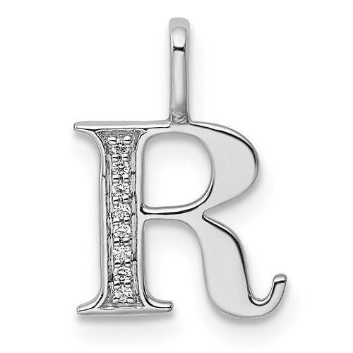 14K white gold diamond letter R initial pendant with sparkling diamonds, designed for elegant gold pendants and charms.