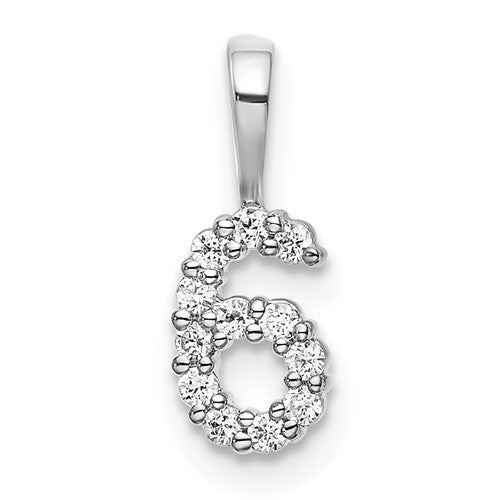14k white gold diamond number 6 pendant with sparkling diamonds, crafted by Solomon Jewelers, shown on a white background.
