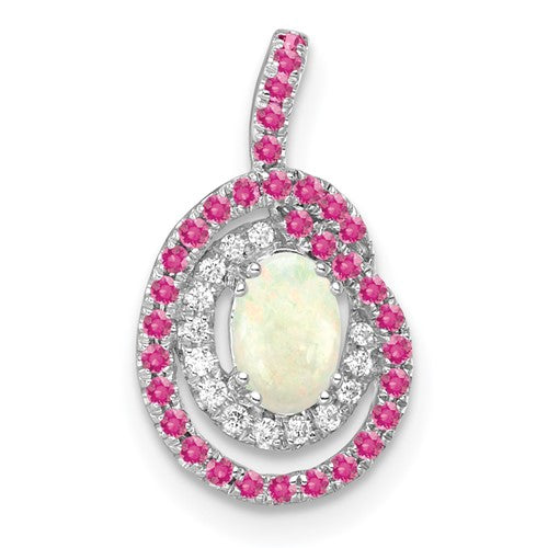14k white gold pink tourmaline, opal, and diamond chain slide pendant with intricate design, from Solomon Jewelers.