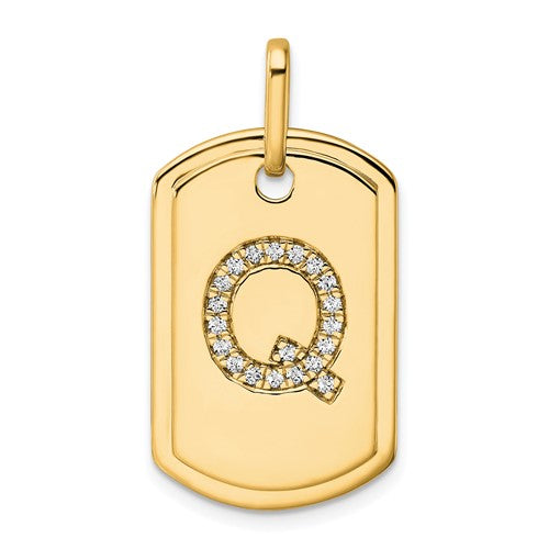 14K gold diamond initial Q dog tag charm with sparkling diamonds, ideal as a pendant or charm for necklaces and bracelets.