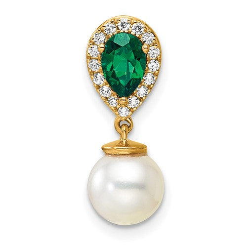 14k-polished-diamond-pearl-and-emerald-teardrop-chain-slide-SolomonJeweler-Wichita-KS-CustomJewelry