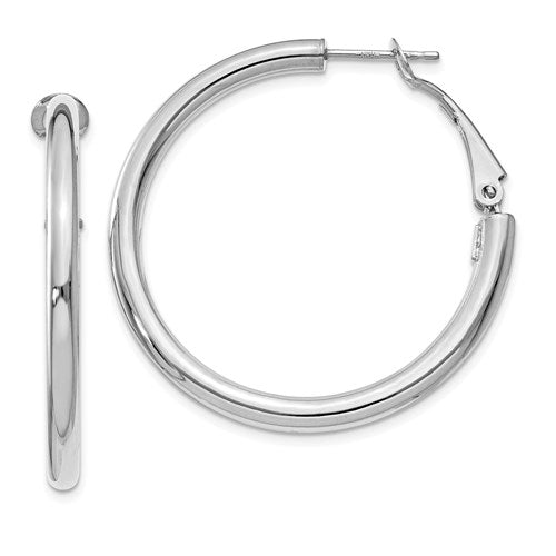14k-white-gold-3x36mm-polished-round-omega-back-hoop-earrings-SolomonJeweler-Wichita-KS-CustomJewelry